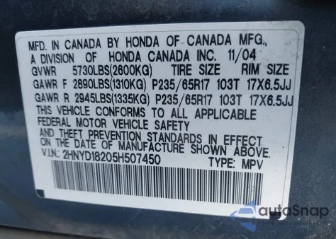 2005 Acura Mdx from USA, damaged, VIN 2HNYD18205H507450